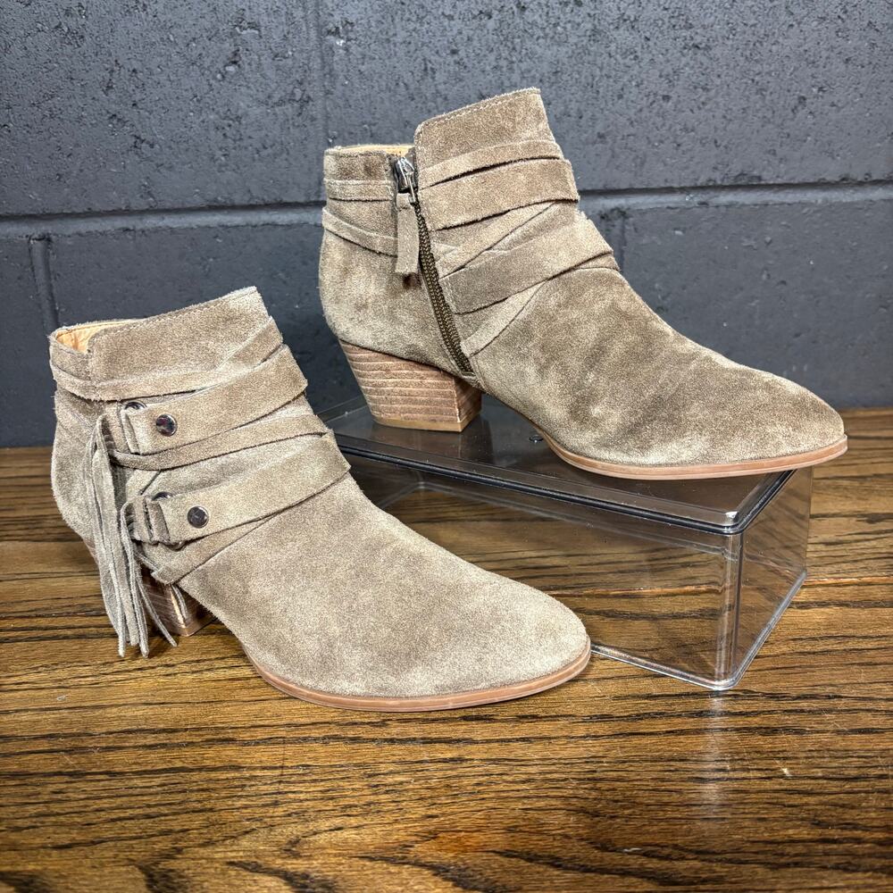 Franco Sarto Suede Ankle Boots Women’s 7 Taupe Fringe Strap Western Boho